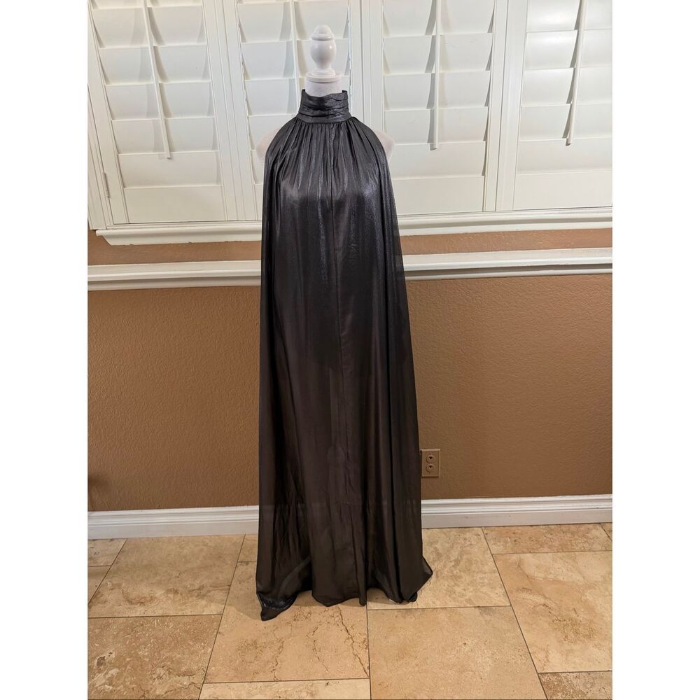 New New York & Co Metallic Gray Floor Length Maxi Dress Elegant Gown Sz M Chic